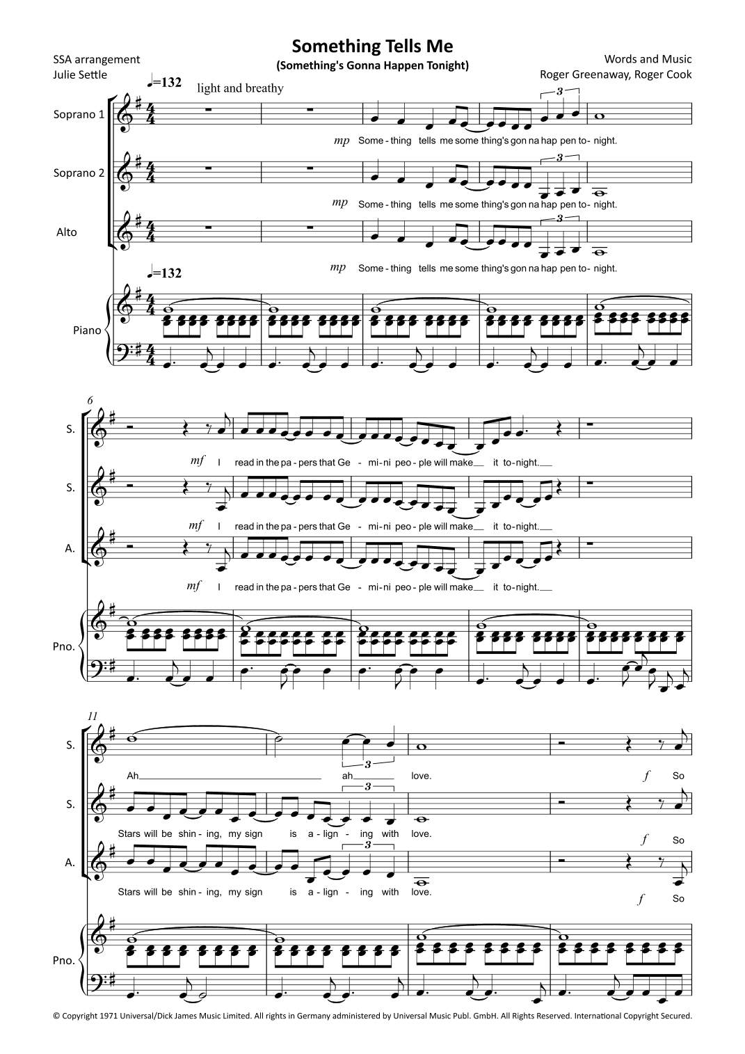 Something Tells Me (something's Gonna Happen Tonight) (arr. Julie Settle)