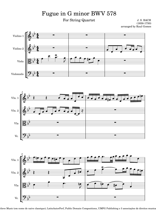 BWV 578 "Little" Fugue In G Minor For String Quartet (arr. Raul Gomes)