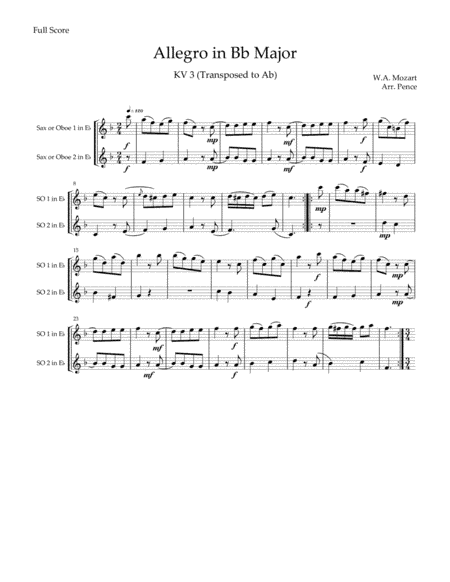Three MORE Mozart Duets for Saxophone or Oboe (KV3, 4 and 6) (arr. Chris Pence)