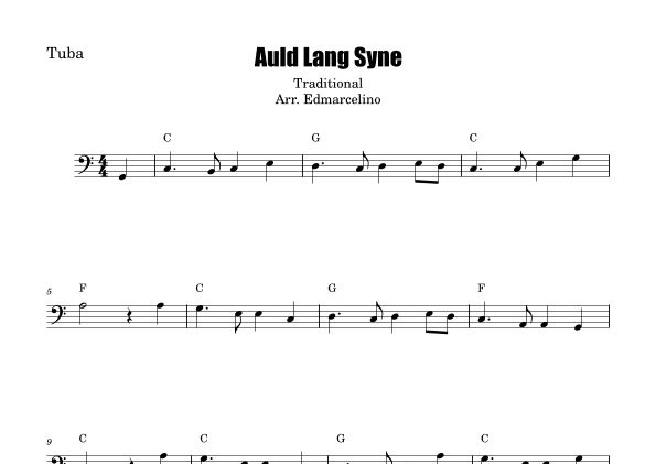Auld Lang Syne TUBA sheet music. (arr. Edmarcelino)