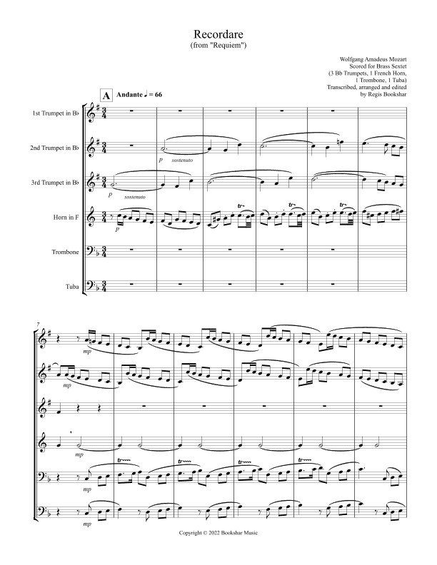 Recordare (from "Requiem") (F) (Brass Sextet - 3 Trp, 1 Hrn, 1 Trb, 1 Tuba) (arr. Regis Bookshar)