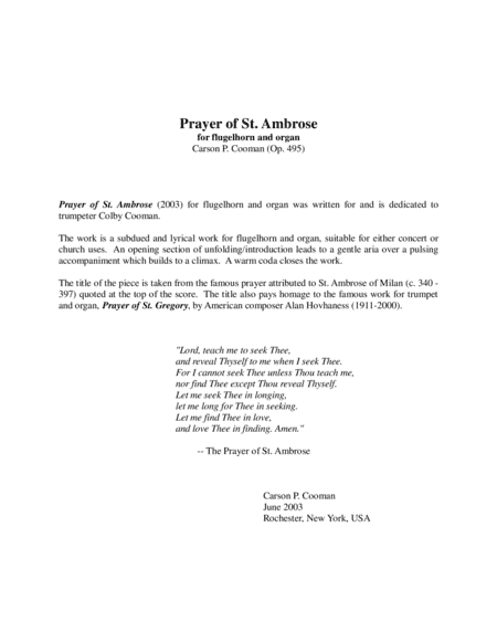 Carson P. Cooman :  Prayer of St. Ambrose for flugelhorn and organ  (Op. 495)