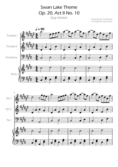 Swan Lake (theme) - Tchaikovsky - Trumpet and Trombone w/ Piano Accompaniment (arr. Ygor Nunes)