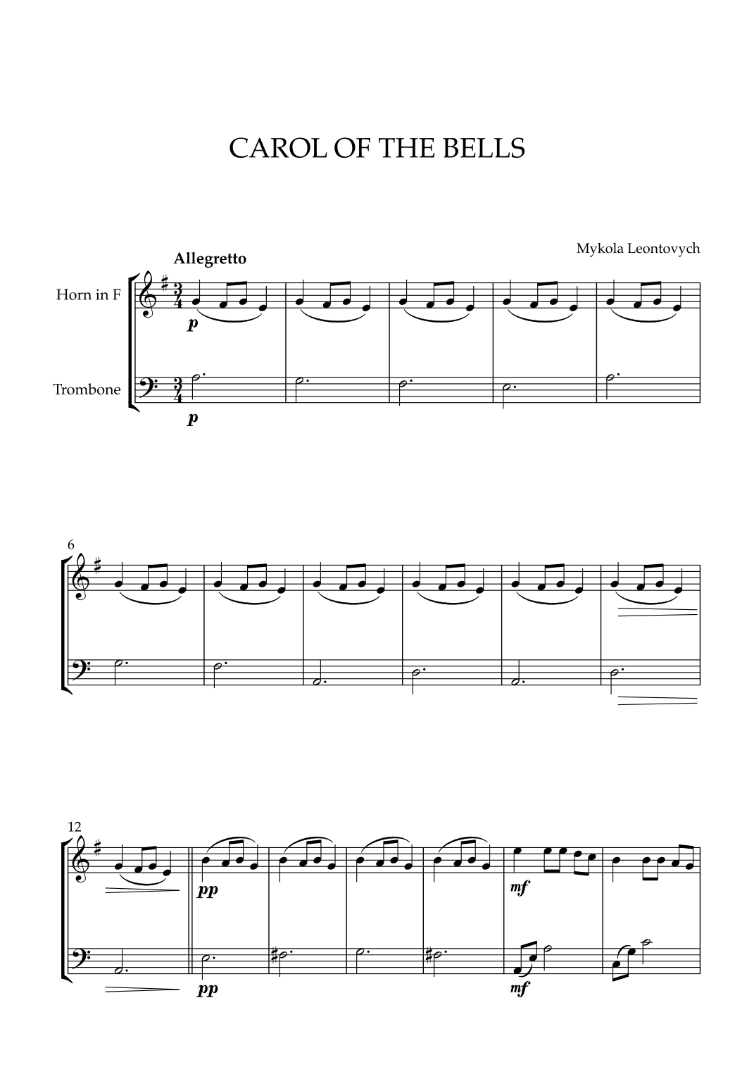 Mykola Leontovych - Carol of The Bells (for French Horn and Trombone) (arr. Cadenza Editions)