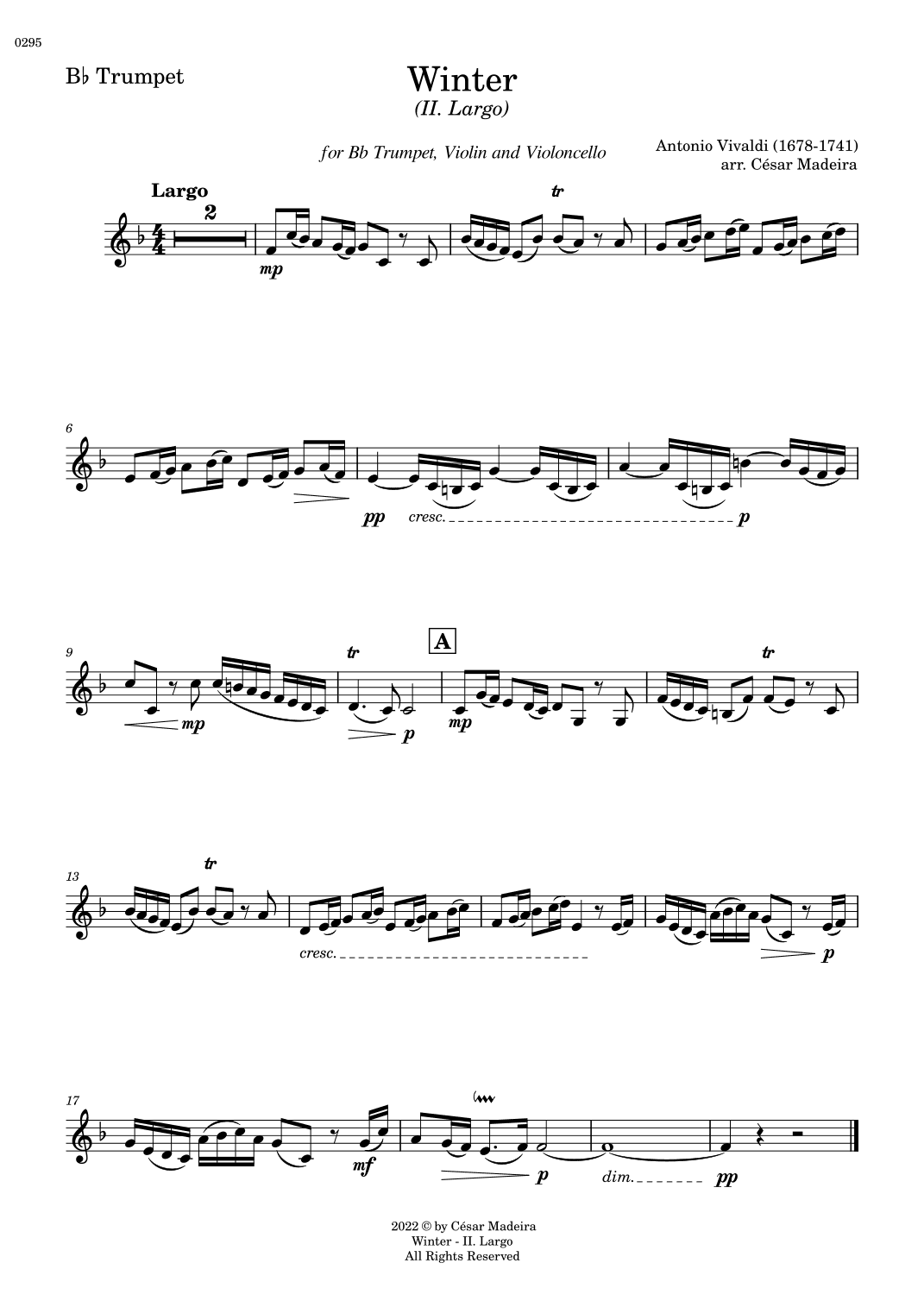 Winter by Vivaldi - Bb Trumpet, Violin and Cello - II. Largo (Individual Parts) (arr. César Madeira)