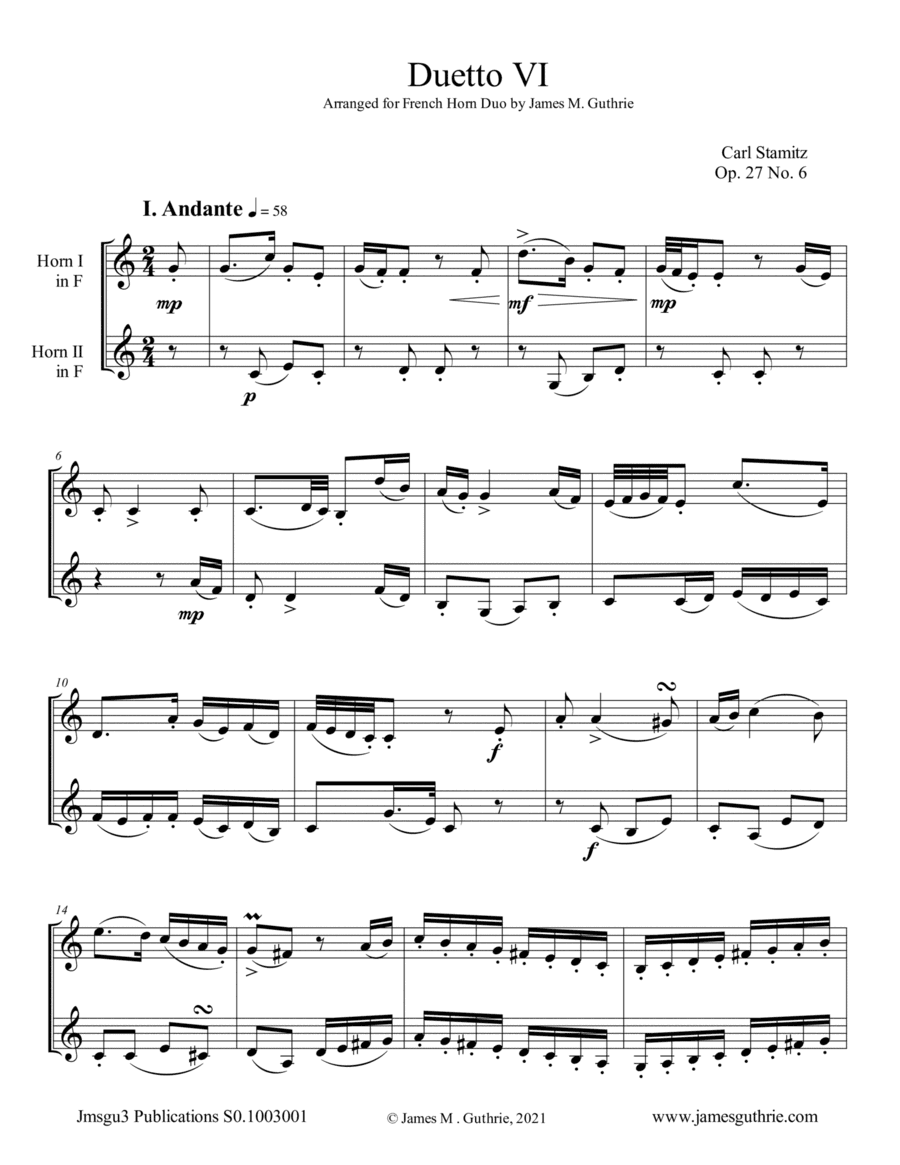 Stamitz: Duet Op. 27 No. 6 for French Horn Duo (arr. James M. Guthrie)