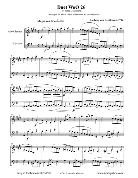 Beethoven: Duet WoO 26 for Alto Clarinet & Bassoon (arr. James Guthrie, ASCAP)