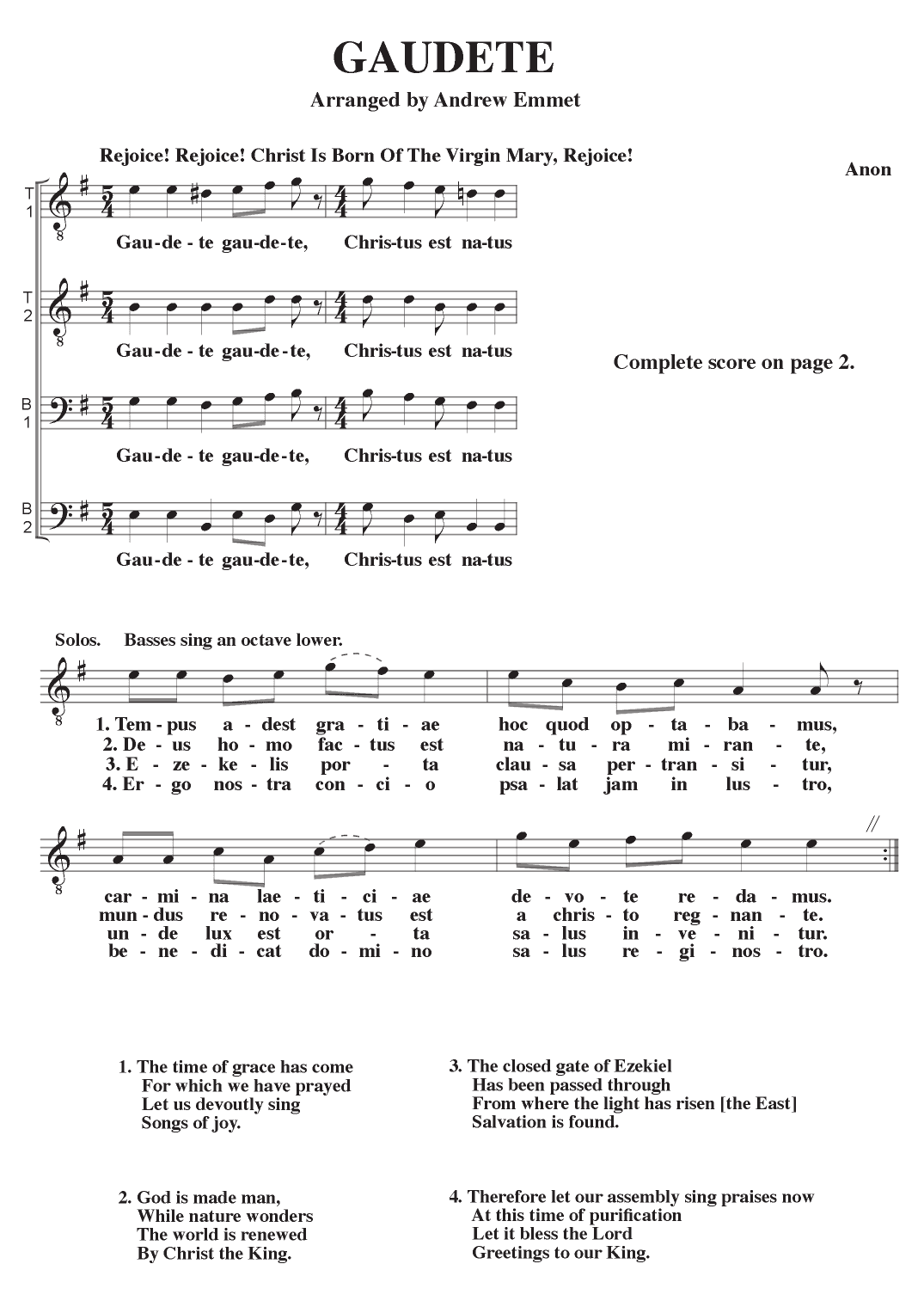 Gaudete A Cappella TTBB (arr. Andrew Emmet)