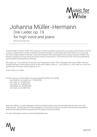 Johanna Müller-Hermann - Drei Lieder for voice and piano, Op. 19 (arr. Music for a While)
