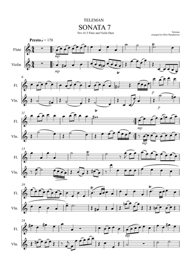 Flute and Violin Duet by Teleman (Sonata 7, Presto 41:3) (arr. Ellen Macpherson)