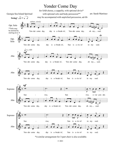 Yonder Come Day (SAB, A Cappella) (arr. Sarah Martinez)