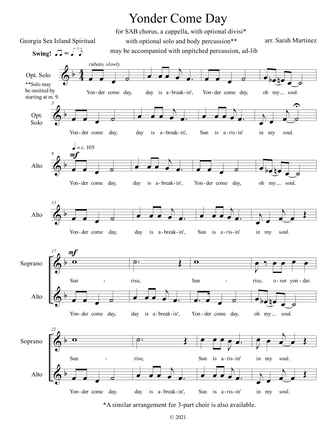 Yonder Come Day (SAB, A Cappella) (arr. Sarah Martinez)