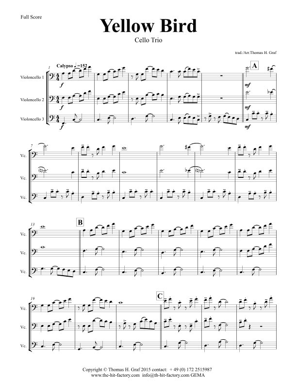 Yellow Bird - Haitian Folk Song Calypso - Cello Trio (arr. Thomas H. Graf)