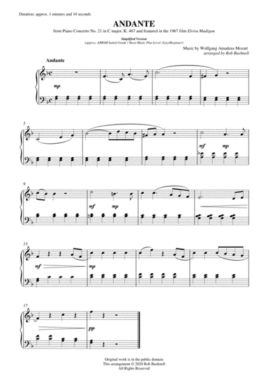 Andante (2nd Movement) from Piano Concerto No. 21 "Elvira Madigan" (Mozart) - Solo Piano (Level 1) (arr. Rob Bushnell)