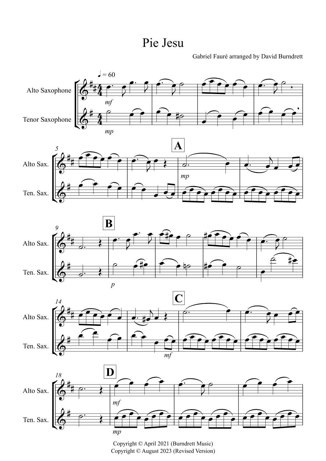 Pie Jesu (from Requiem) for Alto and Tenor Saxophone Duet (arr. David Burndrett)