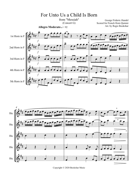 For Unto Us a Child is Born (from "Messiah") (G) (French Horn Quintet) (arr. Regis Bookshar)