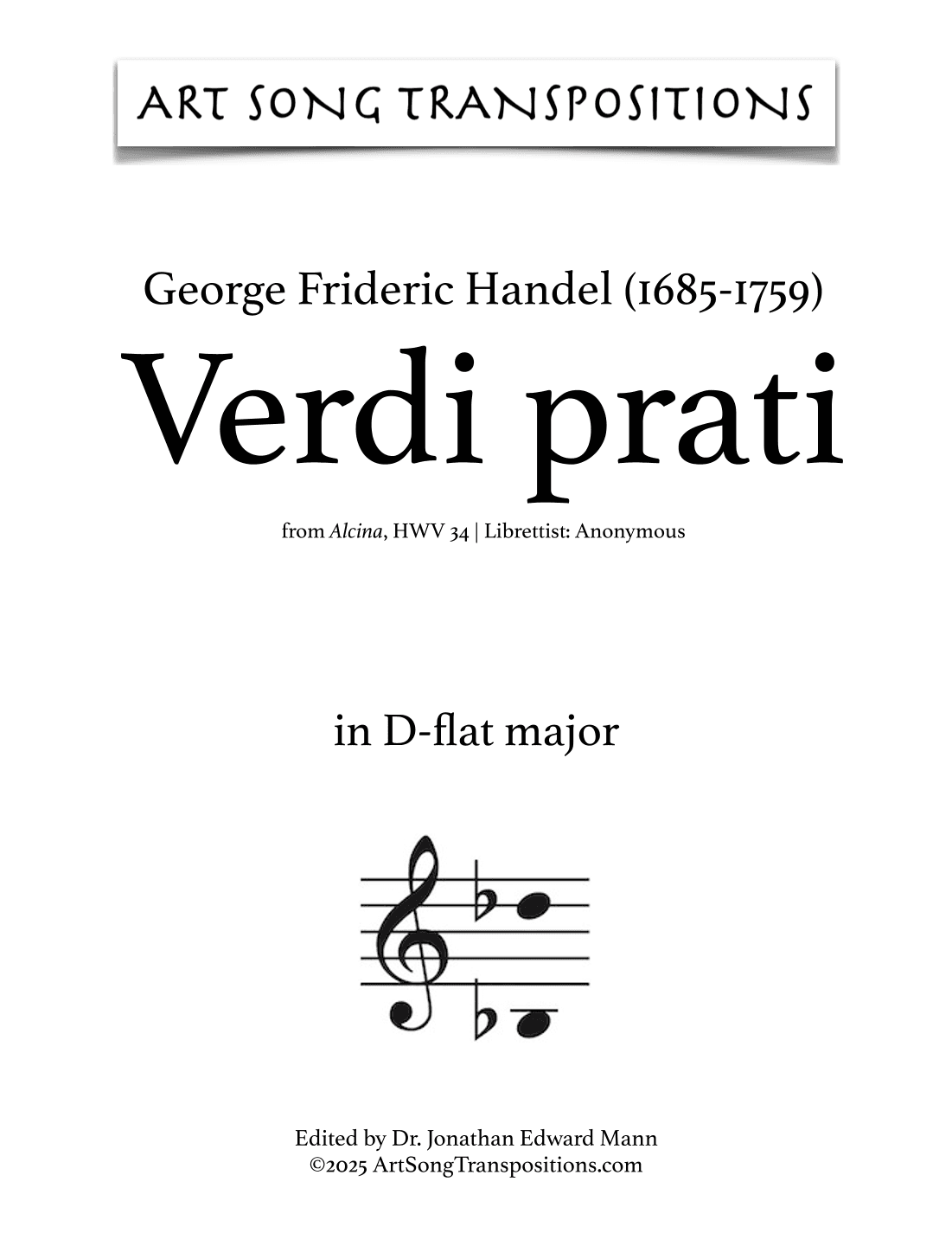 HANDEL: Verdi prati (transposed to D-flat major) (arr. ArtSongTranspositions.com)