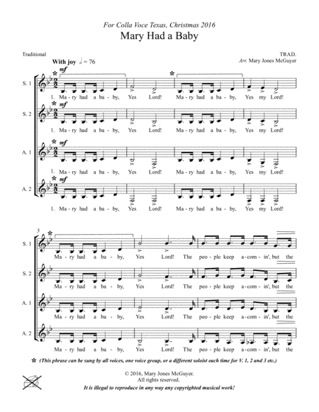 Mary Had a Baby S.S.A.A. Ladies a cappella (arr. Mary S. Jones)