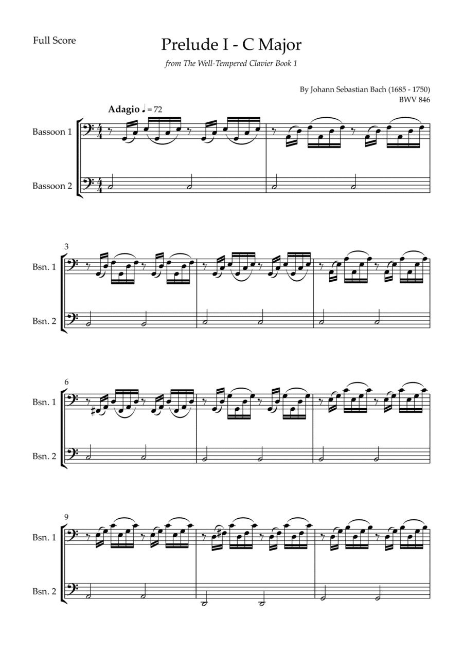 Prelude 1 in C Major BWV 846 (from Well-Tempered Clavier Book 1) for Bassoon Duo (arr. Fabio Britto)