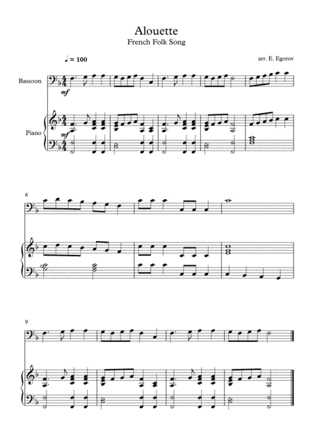 Alouette, French Folk Song, For Bassoon & Piano (arr. Eugene Egorov)