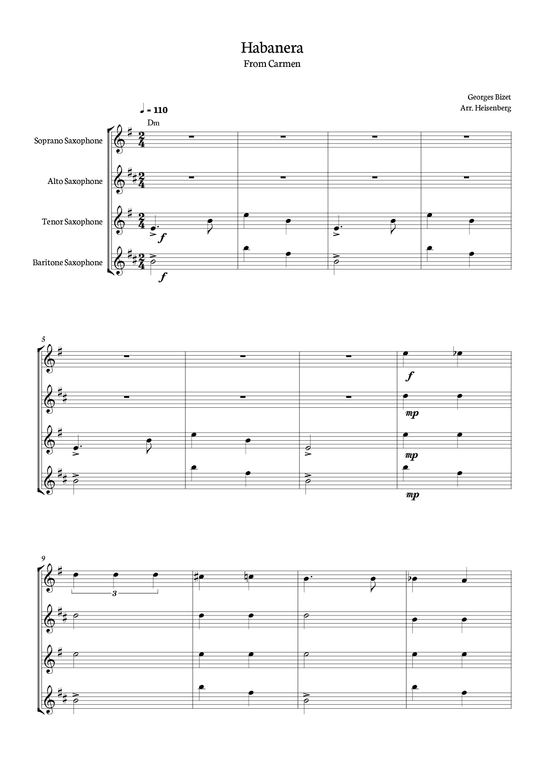 Habanera - Carmen - Georges Bizet, for Saxofone Quartet with chords in a easy version. (arr. Heisenberg)