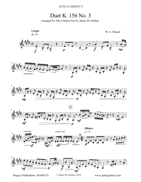 Mozart: Duet K. 156 No. 3 for Alto Clarinet Duo (arr. James M. Guthrie, ASCAP)