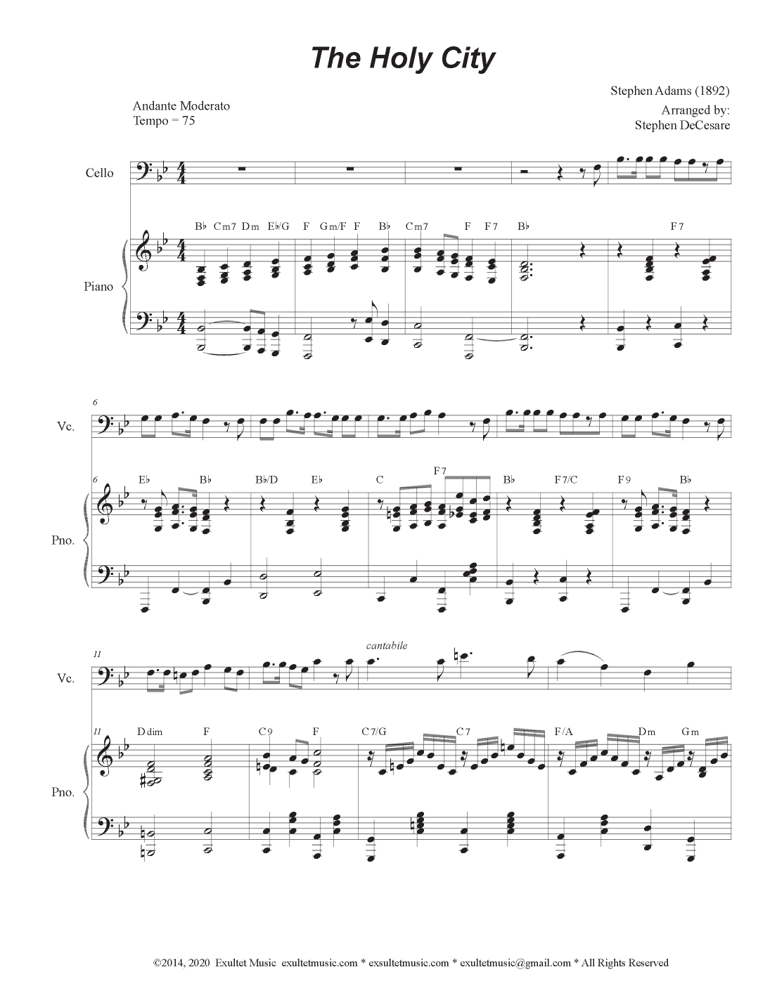 The Holy City (Cello solo and Piano) (arr. Stephen DeCesare)