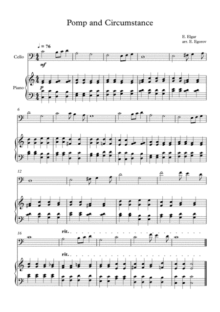 Pomp and Circumstance, Edward Elgar, For Cello & Piano (arr. Eugene Egorov)