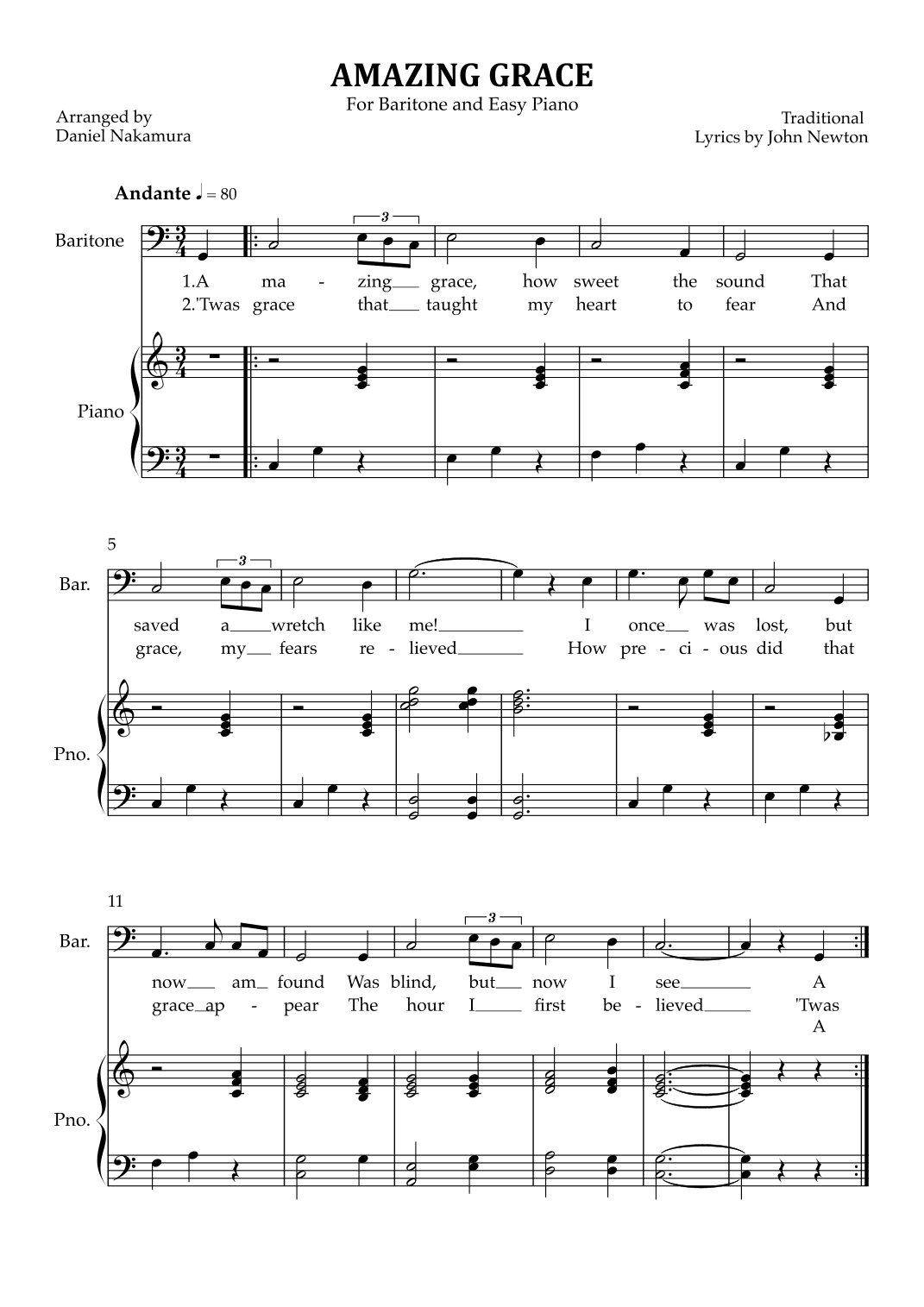 Amazing Grace (for baritone vocal with easy piano) (arr. Daniel Nakamura)
