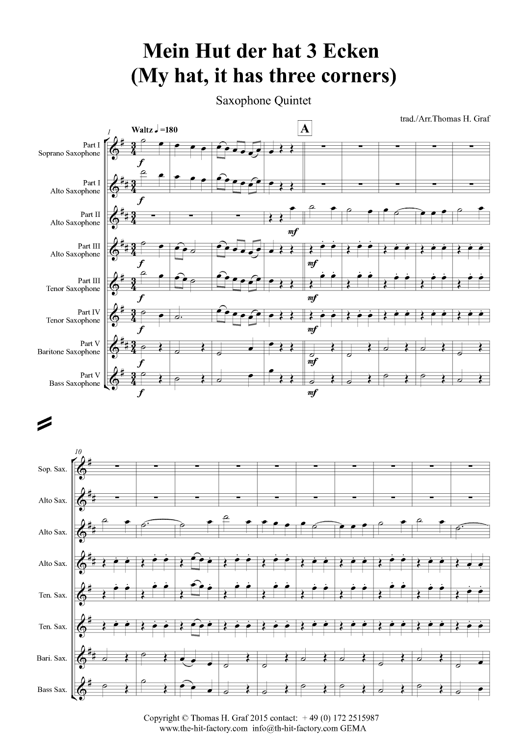 Mein Hut der hat 3 Ecken - My hat, it has three corners - Saxophone Quintet (arr. Thomas Graf)