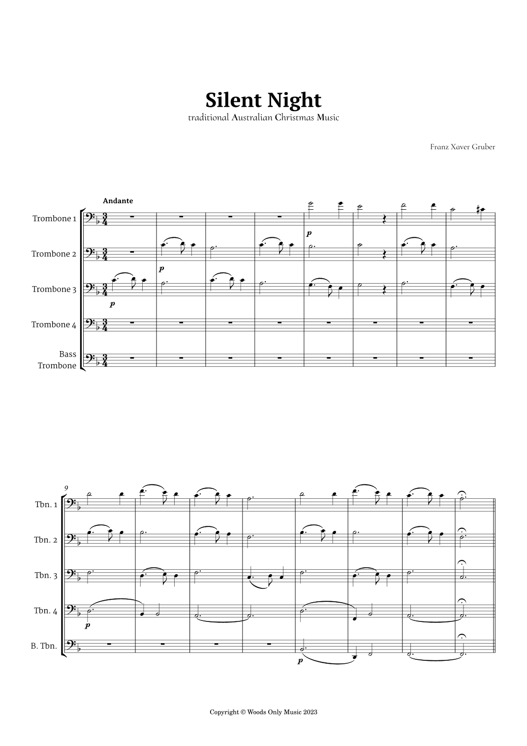 Silent Night by Franz Gruber for Trombone Quintet (arr. Ander)