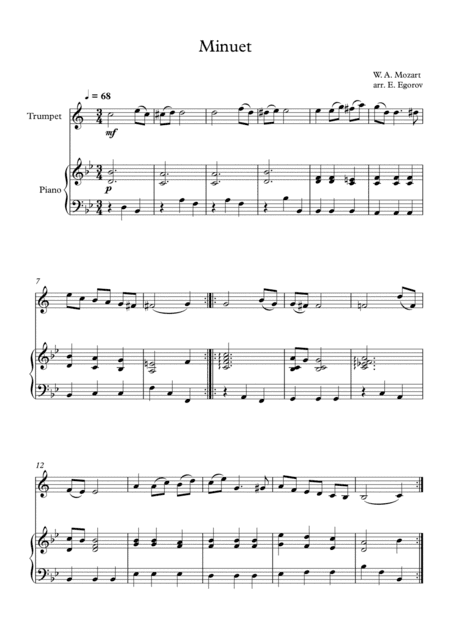 Minuet (In C Major), Wolfgang Amadeus Mozart, For Trumpet & Piano