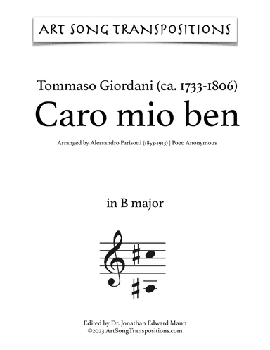 GIORDANI: Caro mio ben (transposed to B major and B-flat major) (arr. ArtSongTranspositions.com)