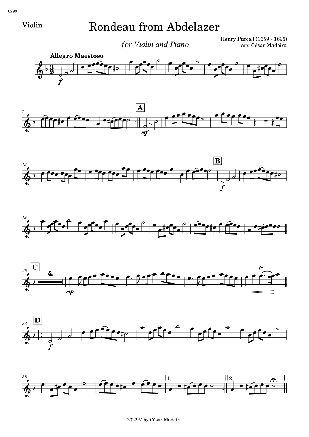 Rondeau from Abdelazer - Violin and Piano (Individual Parts) (arr. César Madeira)