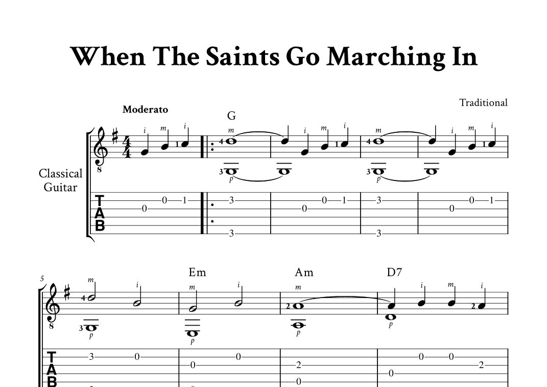 When The Saints Go Marching In - Fingerstyle Guitar (with TAB, Chords and Fingering) (arr. Yuri Noronha)