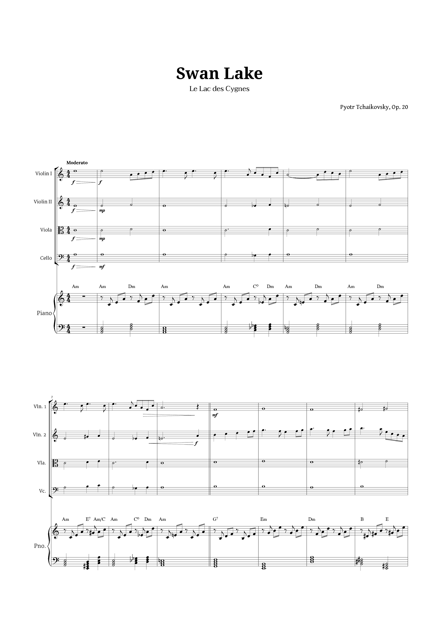 Swan Lake by Tchaikovsky for String Quartet and Piano (arr. Langanho)