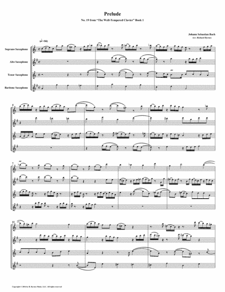Prelude 19 from Well-Tempered Clavier, Book 1 (Saxophone Quartet) (arr. Richard Byrnes)