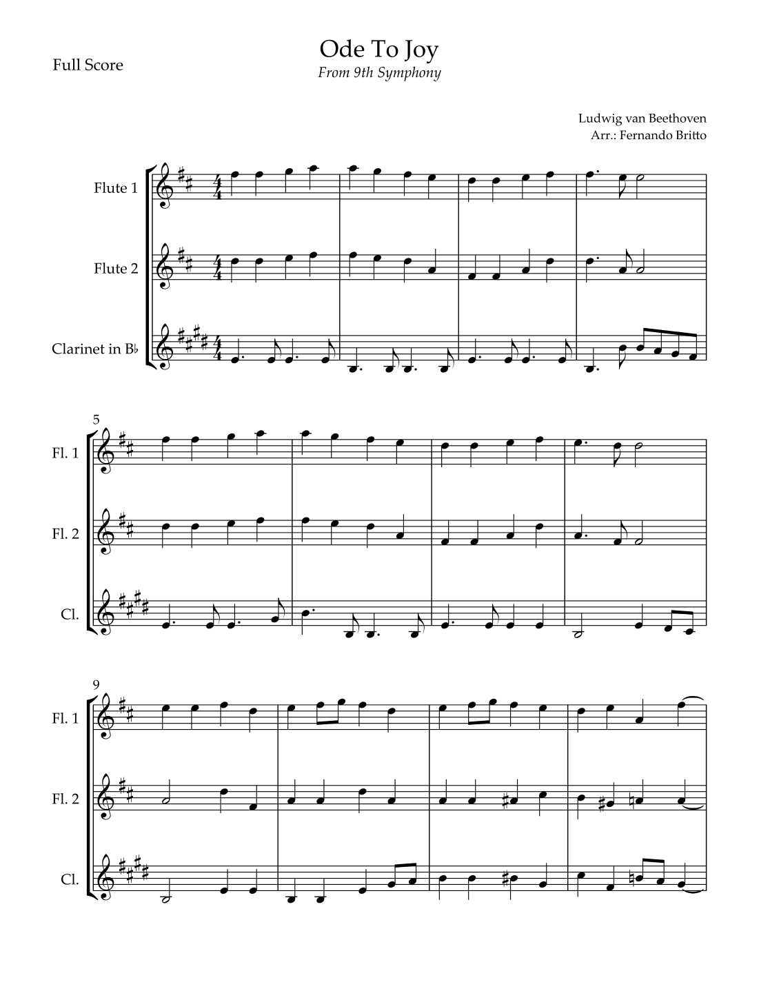 Ode To Joy (from Beethoven's 9th Symphony) for Woodwind Trio (arr. Fernando Britto)