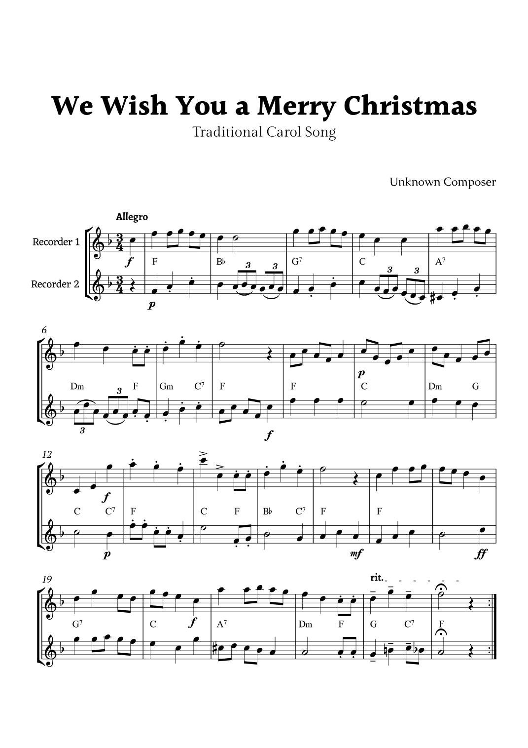 We Wish you a Merry Christmas for Recorder Duet with Chords (arr. Rika K.)