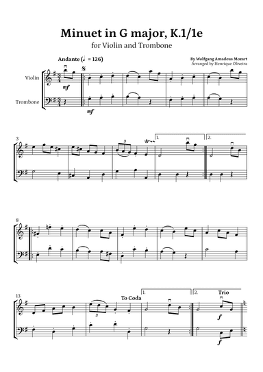 Minuet in G major, K.1/1e (Violin and Trombone) - W. A. Mozart (arr. Henrique Oliveira)