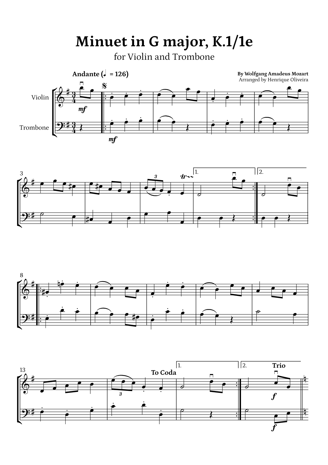 Minuet in G major, K.1/1e (Violin and Trombone) - W. A. Mozart (arr. Henrique Oliveira)