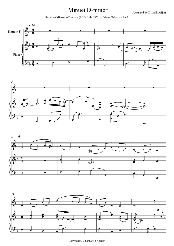 Minuet in D-minor - EASY (horn in F & piano) (arr. David Kocijan)