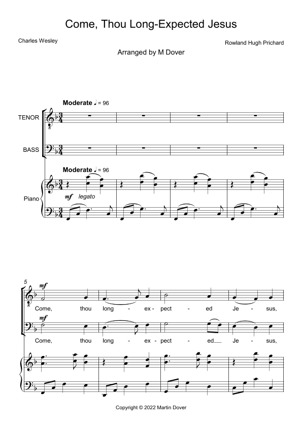 Come, Thou Long Expected Jesus - Two Part Choir - TB - Lower Voices (arr. Martin Dover)