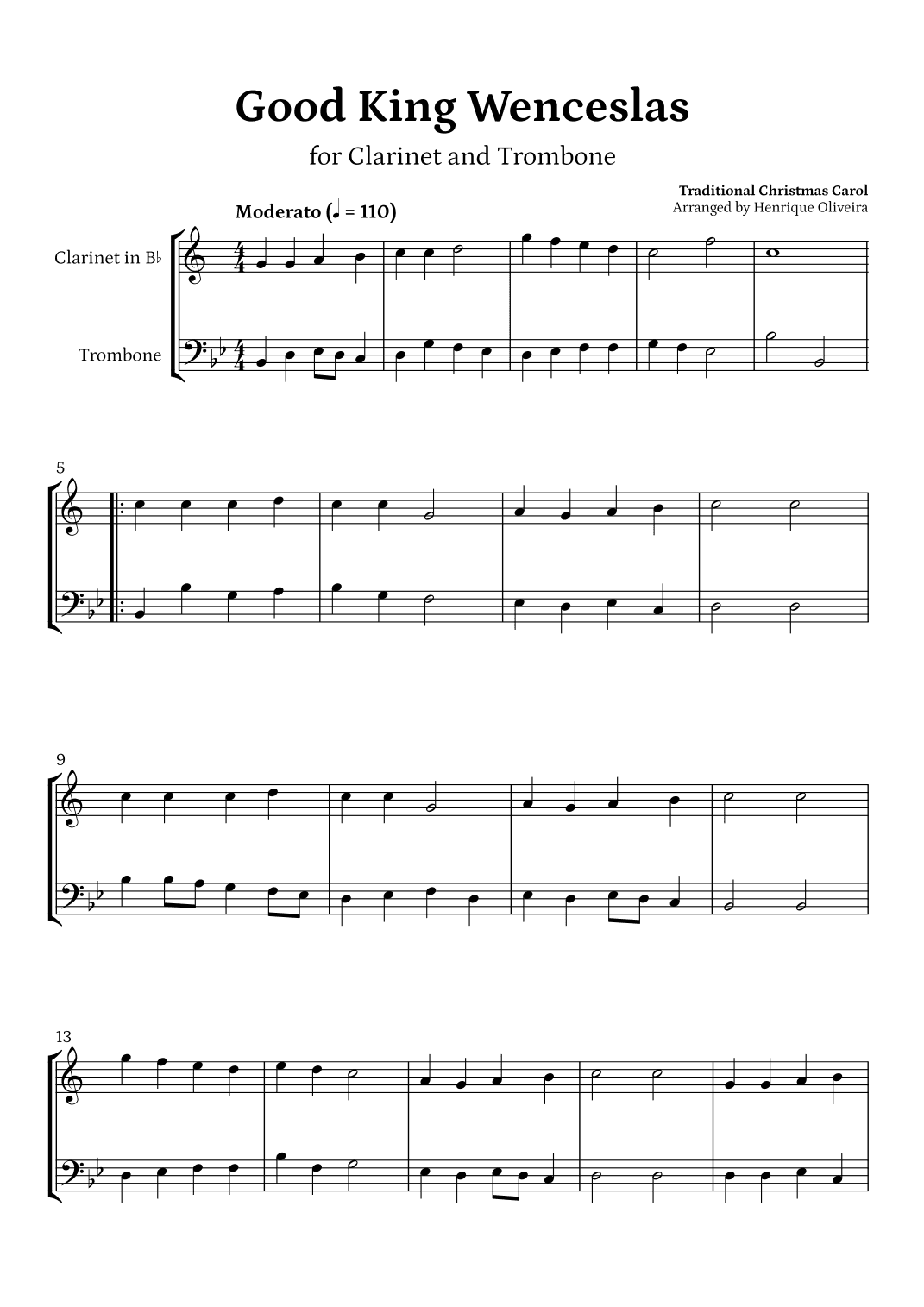 Good King Wenceslas (Clarinet and Trombone) - Beginner Level (arr. Henrique Oliveira)