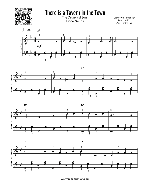 There is a tavern in the town - The Drunkard Song (Easy Piano) (arr. Bobby Cyr)