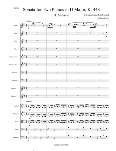 Sonata for Two Pianos in D Major, K. 448, Movement 2 (arr. Joshua Choe)