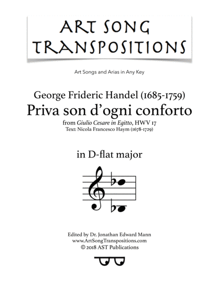 HANDEL: Priva son d'ogni conforto (transposed to D-flat major) (arr. ArtSongTranspositions.com)
