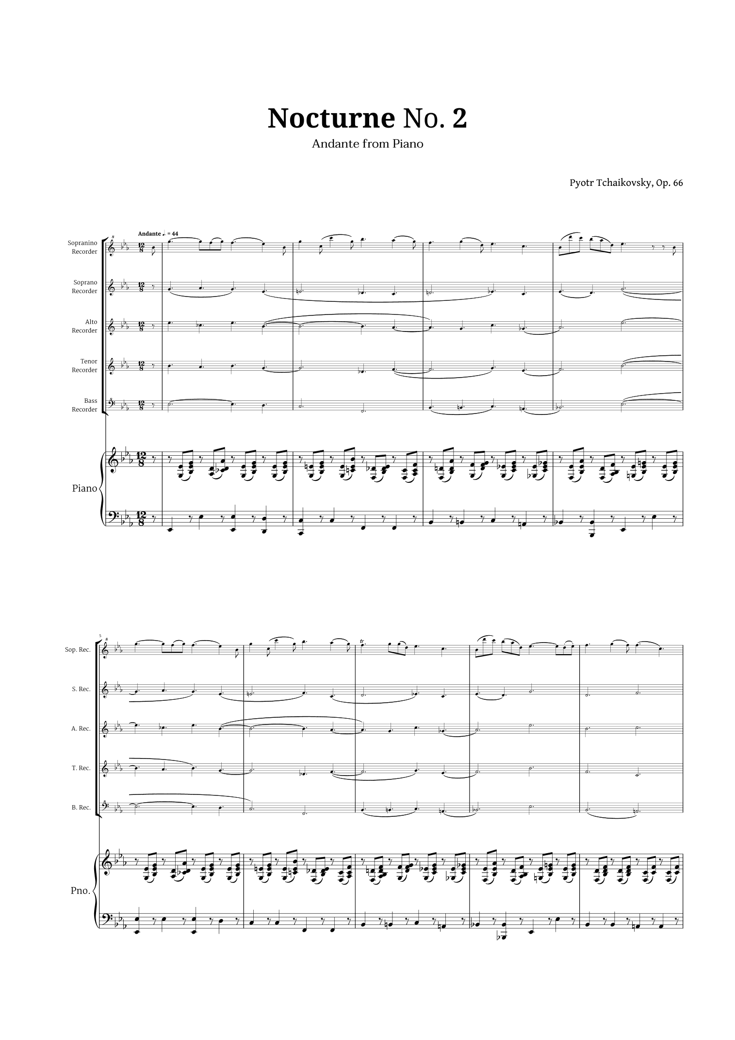 Nocturne by Chopin for Recorder Quintet and Piano (arr. Langanho)