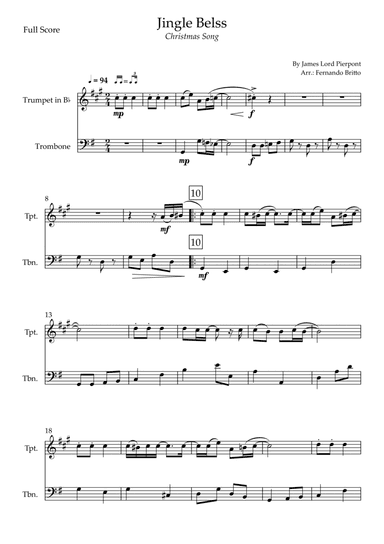 Jingle Bells - Jazz Version (Christmas Song) for Trumpet in Bb & Trombone Duo (arr. Fernando Britto)