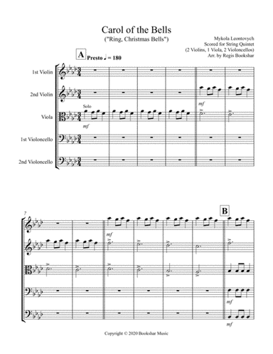 Carol of the Bells (F min) (String Quintet - 2 Violin, 1 Viola, 2 Cello) (arr. Regis Bookshar)